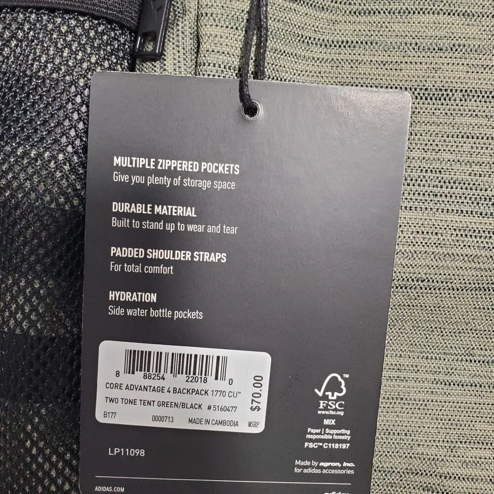 Adidas Core Advantage 4 Backpack Two Tone Green/Black Laptop School Bag‎ NWT